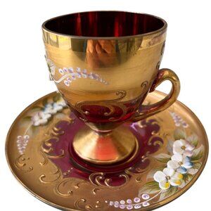 MURANO GLASS TEACUP SAUCER SET ITALY Venetian Hand Painted, Raised Floral Design